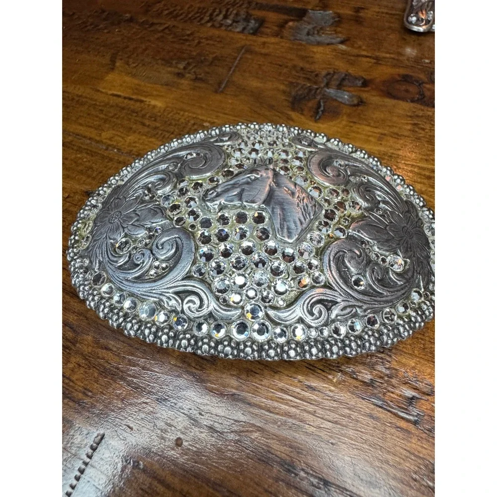 Nocona Silver Horse Head Rhinestone Western‎ Floral Scroll Oval Belt Buckle